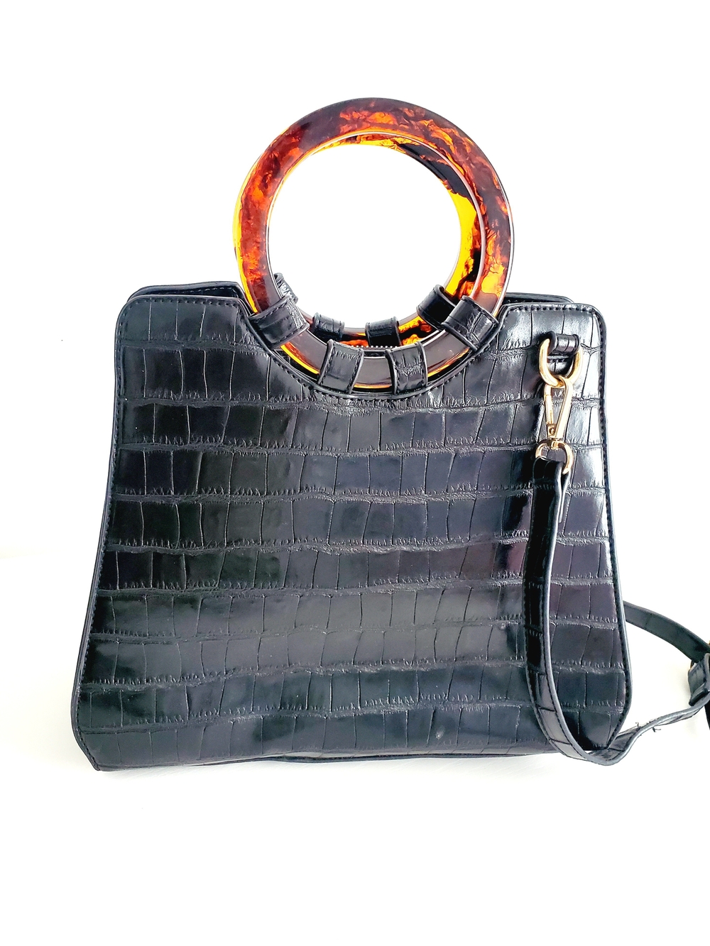 Black Croc-Embossed Crossbody Tote with Tortoiseshell Ring Handle